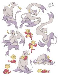 Rule 34 | claws, closed mouth, commentary request, creatures (company), dated, evolutionary line, closed eyes, game freak, gen 5 pokemon, half-closed eyes, hands up, holding, holding pokemon, lying, mienfoo, mienshao, nintendo, ohhhhhhtsu, on stomach, pokemon, pokemon (creature), red eyes, simple background, sitting, sleeping, smile, standing, twitter username, white background