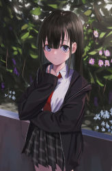 Rule 34 | 1girl, absurdres, black hair, blush, bush, closed mouth, collared shirt, cowboy shot, flower, gishiki (gshk), grey skirt, hand up, highres, long hair, long sleeves, looking at viewer, miniskirt, necktie, off-shoulder jacket, off shoulder, original, pleated skirt, purple eyes, purple flower, red necktie, school uniform, shirt, skirt, sleeves past wrists, solo, standing, white flower, white shirt, wing collar