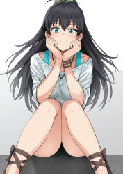 Rule 34 | 1girl, antenna hair, aqua eyes, bike shorts, black hair, black shorts, blush, bra strap, closed mouth, collarbone, commentary request, feet out of frame, ganaha hibiki, green ribbon, hair ribbon, hands on own cheeks, hands on own face, highres, idolmaster, idolmaster (classic), jewelry, knees together feet apart, long hair, looking at viewer, necklace, ponytail, revision, ribbon, shirt, short shorts, short sleeves, shorts, simple background, sitting, smile, solo, tsurui, white background, white shirt