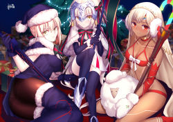 Rule 34 | 3girls, ahoge, altera (fate), altera the santa (fate), artoria pendragon (all), artoria pendragon (fate), bare shoulders, bikini, bikini top only, black bikini, black dress, black gloves, black legwear, black ribbon, blonde hair, blush, boots, bow, braid, breasts, cape, capelet, choker, collarbone, commentary, dark-skinned female, dark skin, detached sleeves, dress, earmuffs, elbow gloves, english commentary, excalibur morgan (fate), fate/grand order, fate (series), french braid, fur-trimmed capelet, fur trim, gloves, gogatsu fukuin, green bow, green ribbon, hair bun, hat, headpiece, highres, jeanne d&#039;arc (fate), jeanne d&#039;arc alter santa lily (fate), long hair, looking at viewer, midriff, mittens, multiple girls, navel, pantyhose, red eyes, revealing clothes, ribbon, sack, santa alter, santa costume, santa hat, sheep, short hair, single hair bun, sitting, small breasts, striped bow, striped ribbon, swimsuit, thighhighs, thighs, veil, very long hair, white capelet, white hair, white mittens, yellow eyes