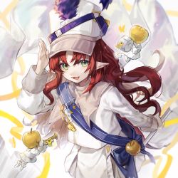 Rule 34 | 1girl, apple, arknights, cape, drum, drum major, drumsticks, flag, food, fruit, golden apple, green eyes, hat, highres, holding, holding flag, instrument, long hair, long sleeves, looking at viewer, mayf42, myrtle (arknights), myrtle (light gold celebration) (arknights), official alternate costume, open mouth, pointy ears, red hair, smile, trumpet, whistle, white cape, white flag, white headwear