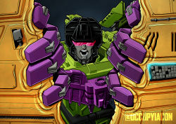 Rule 34 | commentary, decepticon, devastator (transformers), english commentary, highres, jim stafford, looking at viewer, mecha, no humans, open mouth, opening, portrait, robot, science fiction, solo, transformers, twitter username, visor