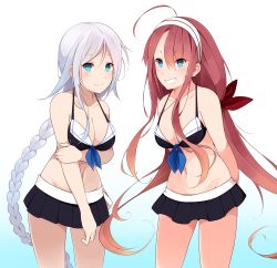 Rule 34 | 10s, 2girls, absurdres, adapted costume, aqua eyes, bad id, bad pixiv id, bikini, blue eyes, braid, breasts, choose, gradient background, hair ribbon, hairband, highres, kantai collection, kawakaze (kancolle), long hair, low twintails, mole, mole under eye, multiple girls, parted bangs, red hair, ribbon, single braid, smile, suruga (xsurugax), swimsuit, twintails, umikaze (kancolle), very long hair, white hair