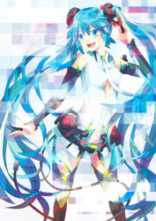 Rule 34 | 1girl, blue eyes, blue hair, bridal gauntlets, hatsune miku, hatsune miku (append), long hair, matching hair/eyes, navel, open mouth, satou0609, solo, thighhighs, twintails, very long hair, vocaloid, vocaloid append