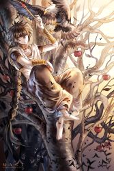 Rule 34 | 1boy, barefoot, bird, black hair, braid, eagle, food, fruit, highres, instockeee, instocklee, jewelry, judal, long hair, lots of jewelry, magi the labyrinth of magic, male focus, midriff, red eyes, sitting, smile, solo, tree, wand
