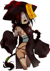 Rule 34 | 1girl, bandages, bandages over eyes, black hair, breasts, china dress, chinese clothes, cleft of venus, detached sleeves, dress, female focus, hat, highres, jiangshi, long hair, monster girl, nipples, open mouth, original, ponytail, pussy, scar, sharp teeth, simple background, sleeves past wrists, small breasts, solo, stitches, teeth, thigh gap, third-party edit, uchuu ika, uncensored, very long hair, white background, wide sleeves, zombie