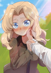 Rule 34 | 1girl, 1other, black shirt, blonde hair, blue eyes, blue sky, brown jacket, closed mouth, commentary, day, dress shirt, girls und panzer, hair intakes, hand on another&#039;s face, highres, holding hands, jacket, jinguu (4839ms), kay (girls und panzer), long sleeves, looking at viewer, medium hair, military uniform, open clothes, open jacket, out of frame, outdoors, pov, saunders military uniform, shirt, sky, smile, sunlight, uniform, white shirt