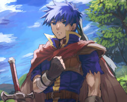 1boy blue_eyes blue_hair cape clenched_hand commentary_request day fingerless_gloves fire_emblem fire_emblem:_path_of_radiance gloves hand_on_own_chest headband highres ike_(fire_emblem) kometubu0712 male_focus nintendo outdoors short_hair sky sleeve_rolled_up solo sword torn_sleeve two-sided_cape two-sided_fabric upper_body weapon