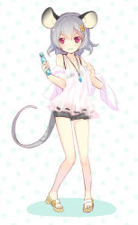 Rule 34 | 1girl, alternate costume, animal ears, bare shoulders, blush, camisole, detached sleeves, flower, hair flower, hair ornament, jewelry, looking at viewer, minamura haruki, mouse ears, mouse tail, nazrin, necklace, pendant, ramune, red eyes, short hair, shorts, silver hair, sketch, smile, solo, tail, touhou