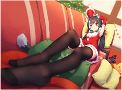 Rule 34 | 1girl, animal ears, armpits, arms up, black hair, black thighhighs, blurry, blurry background, blurry foreground, breasts, cat ears, cat tail, christmas, depth of field, detached sleeves, dress, fur trim, green eyes, highres, indoors, karyl (princess connect!), langbazi, long hair, looking at viewer, low twintails, lying, multicolored hair, panties, princess connect!, santa dress, small breasts, solo, streaked hair, striped clothes, striped panties, tail, thighhighs, twintails, underwear