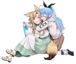 Rule 34 | 2girls, ;d, ahoge, animal ear fluff, animal ears, black hair, black ribbon, blonde hair, blue hair, blush, bottle, braid, brown skirt, cardigan, closed eyes, elf, facing another, fox ears, fox girl, fox tail, from side, full body, green skirt, hair ribbon, heart, heart-shaped pupils, heart ahoge, highres, holding, holding bottle, hololive, hug, hug from behind, long hair, long skirt, long sleeves, looking at viewer, medium skirt, mitsumine (ookami no oyashiro), multicolored hair, multiple girls, omaru polka, omaru polka (street casual), one eye closed, open cardigan, open clothes, open mouth, pink hair, pointy ears, ponytail, purple eyes, ribbon, shirt, shoes, simple background, skirt, smile, socks, streaked hair, symbol-shaped pupils, tail, teeth, upper teeth only, very long hair, virtual youtuber, white background, white cardigan, white shirt, yukihana lamy, yukihana lamy (casual)