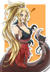 Rule 34 | !, 1girl, blonde hair, blue eyes, blush stickers, breasts, cat, churio, claws, cleavage, collarbone, cowboy shot, dinosaur girl, dinosaur tail, dress, fang, long hair, monster girl, open mouth, ponytail, scales, solo, sud (sudea), sweatdrop, t-rex na kanojo, tail, torn clothes, torn dress, tyrannosaurus rex, very long hair