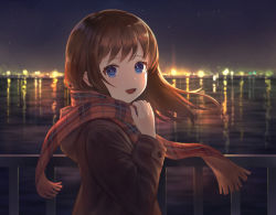Rule 34 | 1girl, bad id, bad pixiv id, blue eyes, brown hair, city, coat, enpera, hand up, happy, lens flare, long hair, looking at viewer, looking to the side, night, night sky, ocean, okakan, open mouth, original, outdoors, railing, reflection, scarf, sky, smile, solo, star (sky), upper body, wind