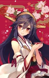 Rule 34 | 1girl, bare shoulders, black hair, blush, breasts, brown eyes, closed mouth, cup, detached sleeves, hair ornament, hairband, hairclip, haruna (kancolle), head tilt, headgear, holding, holding cup, japanese clothes, kantai collection, long hair, looking at viewer, nontraditional miko, shirokitsune, sidelocks, smile, solo