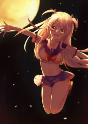 Rule 34 | 1girl, absurdres, blonde hair, blue sailor collar, blush, breasts, brown footwear, changchun (warship girls r), commentary request, cropped shirt, full body, full moon, highres, loafers, long hair, looking at viewer, medium breasts, miniskirt, moon, navel, neckerchief, night, open mouth, outstretched arms, pleated skirt, qaq baiguang, ribbon, sailor collar, school uniform, serafuku, shirt, shoes, short twintails, skirt, smile, socks, solo, spread arms, twintails, underboob, warship girls r, yellow eyes