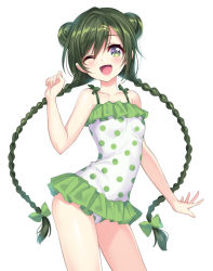 Rule 34 | 10s, 1girl, ;d, bad id, bad pixiv id, bare shoulders, blush, braid, casual one-piece swimsuit, collarbone, contrapposto, cowboy shot, double bun, frilled swimsuit, frills, green eyes, green hair, green theme, hair bun, hinata matsuri, long hair, looking at viewer, low-tied long hair, mahou shoujo madoka magica, mahou shoujo madoka magica (anime), mahou shoujo suzune magica, matching hair/eyes, official art, one-piece swimsuit, one eye closed, open mouth, outstretched arm, outstretched hand, polka dot, polka dot swimsuit, senri gan, simple background, smile, solo, standing, swept bangs, swimsuit, twin braids, very long hair, white background
