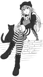Rule 34 | 1girl, animal ears, animal hat, ankle boots, belt boots, boots, cat, cat ears, cat hat, chain, collar, collarbone, cross-laced footwear, crossed legs, fake animal ears, floating hair, from below, full body, fur trim, gradient hair, greyscale, hair between eyes, hat, highres, idolmaster, idolmaster cinderella girls, interlocked fingers, jacket, jewelry, lace-up boots, looking at viewer, miniskirt, monochrome, multicolored hair, necklace, nigou, ninomiya asuka, open clothes, open jacket, open mouth, pleated skirt, sitting, skirt, solo, striped clothes, striped thighhighs, thighhighs, two-tone hair