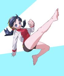 Rule 34 | 1girl, ahoge, ankea (a-ramo-do), barefoot, bike shorts, blue background, blue eyes, blue hair, breasts, clenched hand, closed mouth, creatures (company), earrings, feet, female focus, full body, game freak, hair tie, hairband, hand up, highres, jacket, jewelry, jumping, kicking, kris (pokemon), long sleeves, medium breasts, nintendo, pokemon, pokemon gsc, red shirt, shiny skin, shirt, simple background, solo, star (symbol), star earrings, twintails, two-tone background, white jacket, yellow hairband