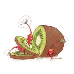 Rule 34 | artist name, black eyes, bud, colored skin, commentary, english commentary, flower, flying teardrops, food, fruit, glowing, highres, juan (apamaate), kiwi (fruit), kiwi slice, leaf, leaning on object, nintendo, no humans, no mouth, oversized object, pikmin (creature), pikmin (series), pointy nose, pushing away, red pikmin, red skin, shadow, sitting, tearing up, white background, white flower