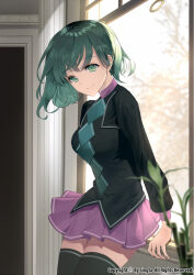 Rule 34 | 1girl, argyle, argyle clothes, argyle shirt, bamboo, black jacket, black shirt, black thighhighs, blurry, bob cut, carchet, closed mouth, copyright notice, cowboy shot, cropped jacket, depth of field, green eyes, green hair, indoors, jacket, leaning back, long sleeves, looking at viewer, official art, pleated skirt, purple skirt, shirt, short hair, sid story, skirt, smile, solo, standing, thighhighs, tree, window, wispy bangs