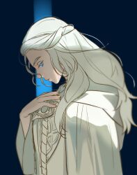 Rule 34 | 1girl, blue background, blue eyes, capelet, drawstring, empetiit, expressionless, final fantasy, final fantasy xiv, from side, half updo, hand on own chest, hand up, highres, long hair, looking down, mask, mask around neck, profile, robe, simple background, solo, sophist&#039;s robe (ff14), unworn mask, upper body, venat (ff14), wavy hair, white capelet, white hair, white robe