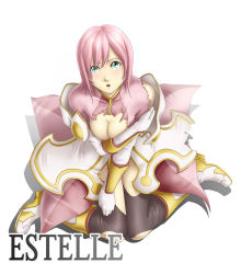 Rule 34 | 1girl, blush, boots, breasts, cleavage, dress, estellise sidos heurassein, gloves, green eyes, groin, knee boots, kneeling, looking at viewer, medium breasts, namco, open mouth, pink hair, short hair, simple background, solo, tales of (series), tales of vesperia, thor (deep rising), torn clothes, white background