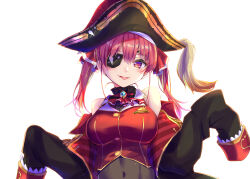 Rule 34 | 1girl, absurdres, black coat, breasts, coat, eyepatch, hat, highres, hololive, houshou marine, jacket, large breasts, red hair, red jacket, solo, tongue, tongue out, toshizou (0714), twintails, upper body, virtual youtuber, white background