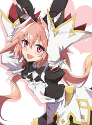 Rule 34 | 1boy, astolfo (fate), astolfo (saber) (fate), astolfo (saber) (third ascension) (fate), black bow, black bowtie, black dress, black gloves, black ribbon, blush, bow, bowtie, buttons, dress, fang, fate/grand order, fate (series), gloves, hair between eyes, hair bow, hair intakes, hair ribbon, hands up, heart, juliet sleeves, layered skirt, long hair, long sleeves, looking at viewer, low twintails, male focus, multicolored hair, open mouth, pink hair, puffy sleeves, purple eyes, rabbit pose, ribbon, skirt, smile, solo, streaked hair, trap, tsuezu, twintails, white background, white hair, white skirt, wide sleeves, wing collar