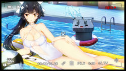 Rule 34 | + +, 1girl, arm support, azur lane, ball, bare arms, bare legs, bare shoulders, barefoot, beachball, black border, black hair, blunt bangs, border, bow, breasts, casual one-piece swimsuit, choker, cleavage, collarbone, commentary request, covered navel, criss-cross halter, day, fingernails, flower, gluteal fold, hair bow, hair flower, hair ornament, halterneck, hand on own hip, highres, hip focus, inflatable raft, innertube, kkkkkey, large breasts, long fingernails, long hair, looking at viewer, lying, on side, one-piece swimsuit, outdoors, parted lips, ponytail, pool, pool ladder, poolside, recording, shiny skin, solo, splashing, swim ring, swimsuit, takao (azur lane), takao (beach rhapsody) (azur lane), takao (bilan hangxian), thigh gap, turret, very long hair, viewfinder, water, water drop, white bow, white choker, white one-piece swimsuit, yellow eyes
