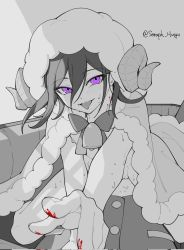 Rule 34 | 2boys, anal, animal hood, bell, blood, blood on hands, blush, bow, bowtie, cape, cowgirl position, danganronpa (series), danganronpa v3: killing harmony, ewa (seraphhuiyu), fur-trimmed cape, fur trim, highres, hood, horns, looking at viewer, male penetrated, multiple boys, neck bell, nipples, oma kokichi, outstretched arm, pink eyes, saihara shuichi, sex, sheep hood, straddling, sweat, teeth, tongue, tongue out, yaoi