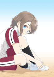 Rule 34 | 1girl, artist name, black socks, blue background, blue eyes, brown hair, commentary, eyebrows hidden by hair, gradient background, gym uniform, highres, junchoco1207, knee up, kneehighs, blue background, looking at viewer, love live!, love live! sunshine!!, on ground, popped collar, profile, raglan sleeves, red shorts, shirt, shoes, short hair, short sleeves, shorts, sideways glance, signature, sitting, sneakers, socks, solo, tying footwear, watanabe you, white footwear, white shirt
