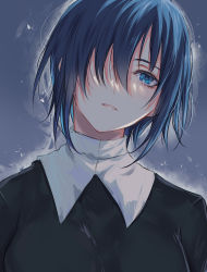Rule 34 | 1girl, artist request, black dress, blue eyes, blue hair, breasts, ciel (tsukihime), commentary request, dress, grey background, habit, hair over one eye, head tilt, highres, lips, looking at viewer, nun, one eye covered, parted lips, pink lips, short hair, sidelocks, solo, teeth, traditional nun, tsukihime, tsukihime (remake), upper body