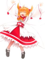 Rule 34 | 1girl, 3d (artist), :d, ahoge, arms up, ascot, blonde hair, bow, closed eyes, fang, female focus, hair ornament, long sleeves, mary janes, obi, open mouth, outstretched arms, sash, shoes, short hair, smile, solo, suna (s73d), sunny milk, touhou, twintails, white background, wide sleeves, wings