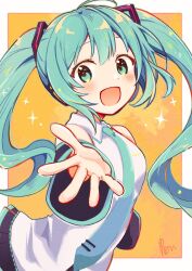 Rule 34 | 1girl, aoiyui, aqua eyes, aqua hair, aqua necktie, black skirt, black sleeves, border, commentary, detached sleeves, hatsune miku, headphones, highres, inset border, light blush, looking at viewer, necktie, open mouth, orange background, outstretched hand, pleated skirt, reaching, reaching towards viewer, shirt, signature, skirt, smile, solo, sparkle, twintails, vocaloid, white border, white shirt