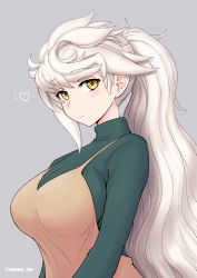Rule 34 | 1girl, alternate costume, alternate hairstyle, beige dress, breasts, cosplay, cypress, green shirt, kantai collection, large breasts, long hair, long sleeves, ponytail, shirt, silver hair, solo, souryuu (kancolle) (cosplay), souryuu (kancolle), unryuu (kancolle), upper body, very long hair, wavy hair, yellow eyes