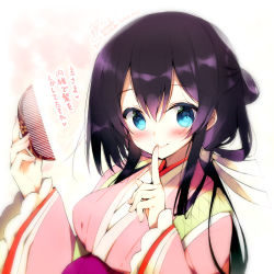Rule 34 | 1girl, absurdres, blue eyes, blush, breasts, closed mouth, comb, commentary request, dated, fingernails, hair between eyes, hair ribbon, has bad revision, has downscaled revision, heart, highres, holding, holding comb, index finger raised, japanese clothes, karaginu mo, kimono, layered clothes, layered kimono, long hair, long sleeves, looking at viewer, md5 mismatch, medium breasts, original, pink kimono, purple hair, resolution mismatch, ribbon, satsuki misuzu, signature, smile, solo, source smaller, translation request, upper body, white ribbon, wide sleeves
