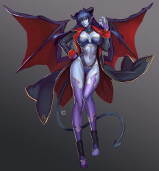 Rule 34 | 1girl, anklet, astaroth (shinrabanshou), bat wings, black leotard, black sclera, blue hair, blue skin, boots, bracelet, breasts, breasts apart, bridal gauntlets, cleavage, closed mouth, clothing cutout, coat, colored sclera, colored skin, damegane, demon girl, demon tail, demon wings, detached collar, earrings, floating hair, flying, full body, gradient background, grey background, hair between eyes, hand on own hip, hand up, head tilt, heart, heart earrings, highres, hip focus, horns, jewelry, large breasts, legs, legs together, leotard, lips, long coat, long hair, long legs, long sleeves, looking at viewer, midriff, navel, navel cutout, open clothes, overcoat, pointy ears, purple footwear, purple thighhighs, red wings, shinrabanshou, signature, sleeve cuffs, slit pupils, smile, solo, spread wings, standing, strapless, strapless leotard, tail, thigh boots, thigh gap, thighhighs, thighs, turtleneck, wind, wind lift, wings, yellow eyes