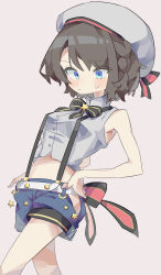 1girl belt beret black_bow black_bowtie black_hair blue_eyes blue_shorts blush bow bowtie commentary_request cowboy_shot cropped_shirt frown grey_background grey_hat grey_shirt hat highres hip_vent hololive oozora_subaru oozora_subaru_(work) shirt short_hair shorts simple_background sleeveless sleeveless_shirt solo suspender_shorts suspenders tontoro_(touboiawbyozggn) virtual_youtuber white_belt