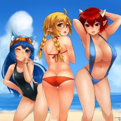 Rule 34 | 3girls, animal ears, ass, beach, bikini, blonde hair, blue eyes, blue hair, borrowed character, braid, breasts, brown eyes, butt crack, cat ears, cleavage, competition swimsuit, day, covered erect nipples, highres, horns, large breasts, long hair, multiple girls, one-piece swimsuit, open mouth, original, pointy ears, red eyes, red hair, sakushin, short hair, slingshot swimsuit, small breasts, smile, swimsuit, twin braids