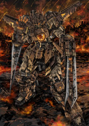 Rule 34 | absurdres, arm blade, bad id, bad pixiv id, battle damage, city, clenched hand, damaged, destruction, fire, garimpeiro, glowing, glowing eye, highres, leaning to the side, looking at viewer, mecha, no humans, open hand, orange eyes, original, robot, ruins, science fiction, solo, standing, weapon