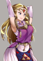 Rule 34 | 1girl, arm behind head, armpits, arms up, belt, blonde hair, blue eyes, breasts, closed mouth, dress, earrings, elbow gloves, elf, female focus, forehead jewel, gloves, grey background, highres, jewelry, kaorihero, lavender gloves, lips, lipstick, long hair, looking to the side, makeup, medium breasts, nintendo, pink lips, pointy ears, princess zelda, purple dress, simple background, smile, solo, standing, stretching, the legend of zelda, the legend of zelda: ocarina of time, tiara