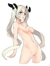Rule 34 | 1girl, ban! (bansankan), blue eyes, breasts, censored, cropped legs, hair ribbon, long hair, mosaic censoring, navel, nipples, nude, original, parted lips, pussy, ribbon, silver hair, simple background, sketch, solo, twintails, very long hair, white background
