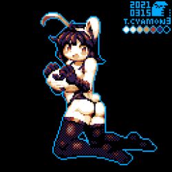 Rule 34 | 1girl, alternate costume, animal ears, ass, black background, black gloves, black hair, black thighhighs, blue outline, blush, breasts, brown eyes, color guide, colored skin, commentary request, cookie (touhou), dated, elbow gloves, fake animal ears, fake tail, fishnet thighhighs, fishnets, full body, gloves, highres, large breasts, leotard, looking at viewer, medium bangs, milk (cookie), murasa minamitsu, open mouth, outline, pixel art, playboy bunny, rabbit ears, rabbit tail, short hair, simple background, smile, solo, tail, thighhighs, tonchamon san, touhou, turning around, white skin