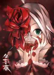 Rule 34 | 1girl, body writing, close-up, fingernails, flower, green eyes, hair flower, hair ornament, hands on own face, head rest, ibara, kei (keigarou), lolita fashion, long fingernails, long hair, meidi rose, nail polish, petals, ponytail, red flower, red nails, red rose, rose, rose petals, smile, solo, staring, white hair