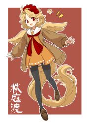 Rule 34 | 1girl, :d, animal, bird, bird tail, bird wings, black pantyhose, blonde hair, brown footwear, brown jacket, chick, commentary request, dress, feathered wings, full body, happy, highres, jacket, loafers, long sleeves, multicolored hair, neckerchief, niwatari kutaka, open clothes, open jacket, open mouth, orange dress, pantyhose, partial commentary, puffy sleeves, red background, red hair, red neckerchief, sailor collar, shoes, simple background, smile, solo, tail, touhou, translated, two-tone hair, uisu (noguchipint), white sailor collar, wings, yellow wings