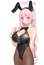 Rule 34 | 1girl, animal ears, bare arms, bare shoulders, black leotard, blue archive, bow, bowtie, breasts, brown pantyhose, cleavage, cleavage cutout, clothing cutout, covered navel, cowboy shot, eimi (blue archive), fake animal ears, hairband, halo, hand up, highleg, highleg leotard, impossible clothes, impossible leotard, large breasts, leotard, looking at viewer, pantyhose, parted lips, pink hair, playboy bunny, popqn, purple eyes, rabbit ears, solo, sweatdrop, wing collar, wrist cuffs