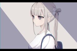 Rule 34 | 1girl, backpack, bag, blunt bangs, breasts, chromatic aberration, closed mouth, commentary request, eyebrows hidden by hair, grey eyes, grey hair, highres, letterboxed, long hair, looking away, medium breasts, shirt, sidelocks, solo, tsuruse, twintails, upper body, white shirt
