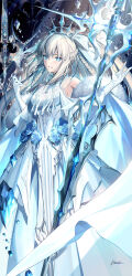 1girl bare_shoulders blue_eyes blush braid commentary_request dress elbow_gloves fate/grand_order fate_(series) feather_boa flower gloves hair_ornament highres ice kousaki_rui long_hair looking_at_viewer morgan_le_fay_(fate) parted_lips signature smile staff white_dress white_gloves white_hair