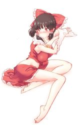 Rule 34 | 1girl, bare legs, barefoot, blush, bow, breasts, brown hair, covered erect nipples, detached sleeves, hair bow, hakurei reimu, highres, large breasts, looking to the side, non (z-art), red eyes, red skirt, simple background, sitting, skirt, skirt set, solo, touhou, white background, wide sleeves