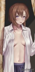 Rule 34 | 1girl, absurdres, artist name, blue eyes, blue skirt, breasts, brown eyes, brown hair, closed mouth, collarbone, collared shirt, commission, curtains, highres, higurashi no naku koro ni, long sleeves, looking at viewer, medium breasts, navel, open clothes, open shirt, out type (outtypeex), ryuuguu rena, school uniform, shirt, short hair, skeb commission, skirt, sleeves past wrists, smile, solo, standing, sweat, tongue, tongue out, twitter username, watermark, white shirt